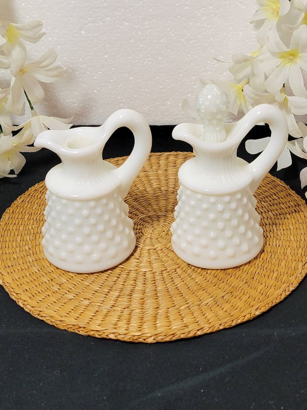 Rare Vintage Fenton White Milk Glass Oil and Vinegar Cruets